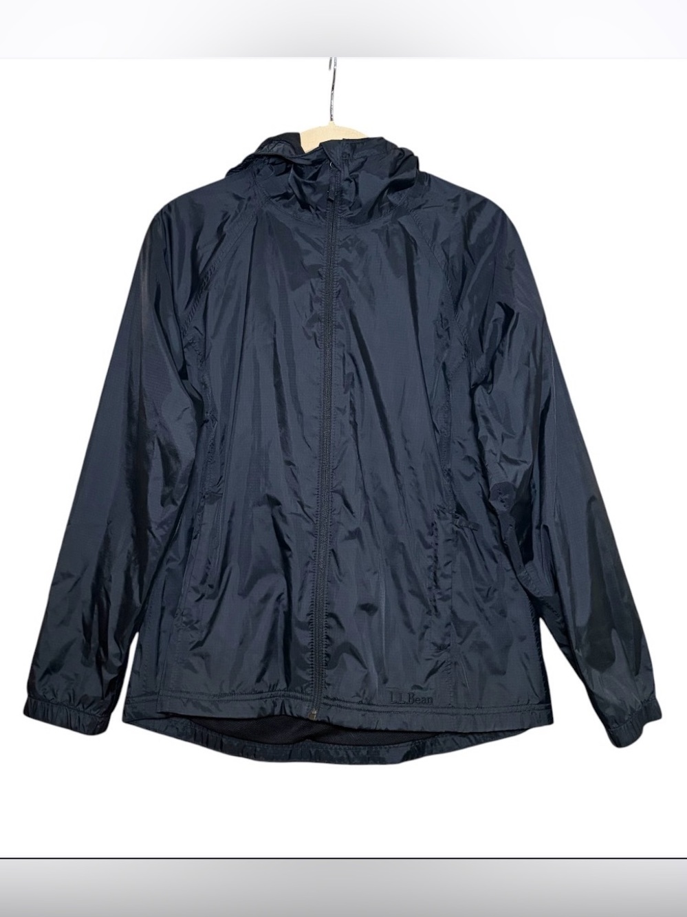 LL Bean Lightweight Nylon Rain Jacket Windbreaker Hooded Womens S Petite Black
